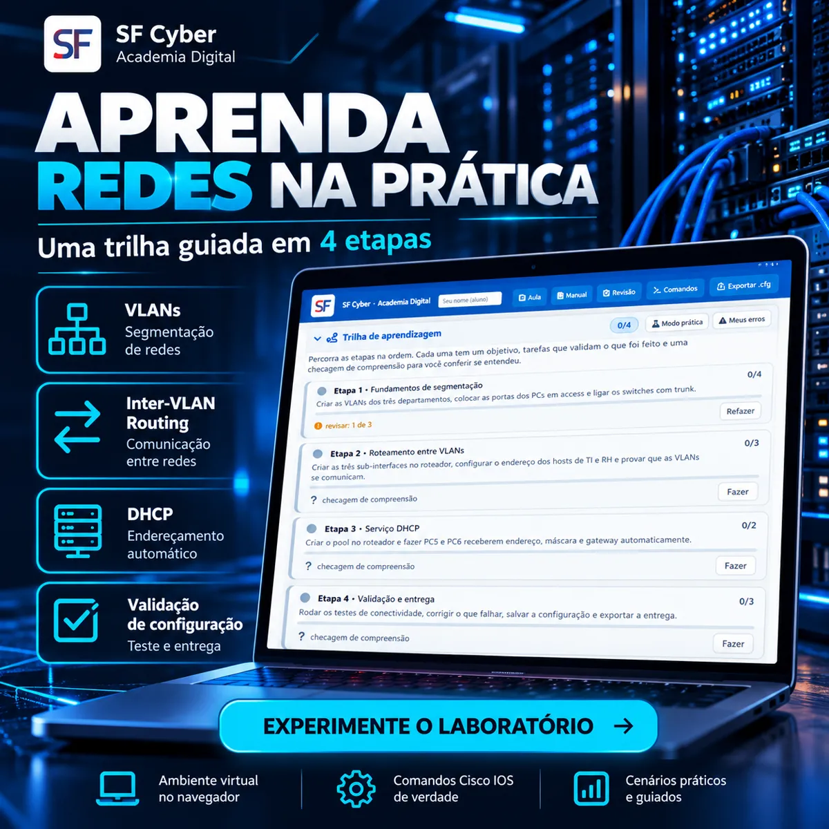 Trilha de aprendizado em 4 etapas: VLANs, Inter-VLAN Routing, DHCP e validação