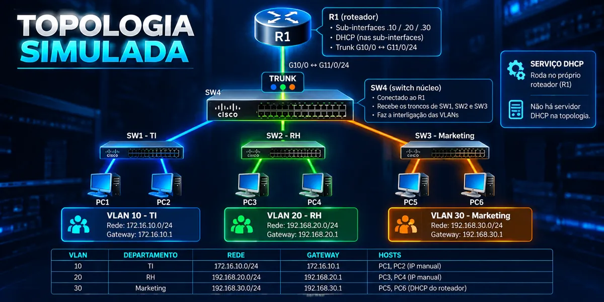 Topologia simulada com R1, switch núcleo SW4 e as VLANs 10, 20 e 30